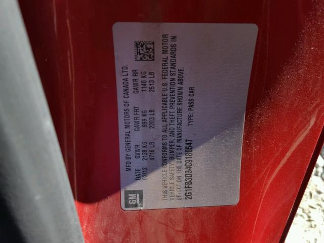 2G1FB3D34C9180547 - 2012 CHEVROLET CAMARO LT RED photo 10