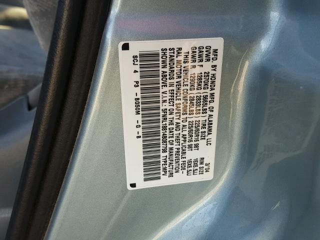 5FNRL18814B087798 - 2004 HONDA ODYSSEY EX BLUE photo 10