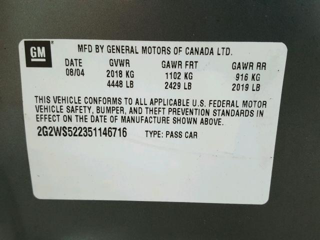 2G2WS522351146716 - 2005 PONTIAC GRAND PRIX GRAY photo 10