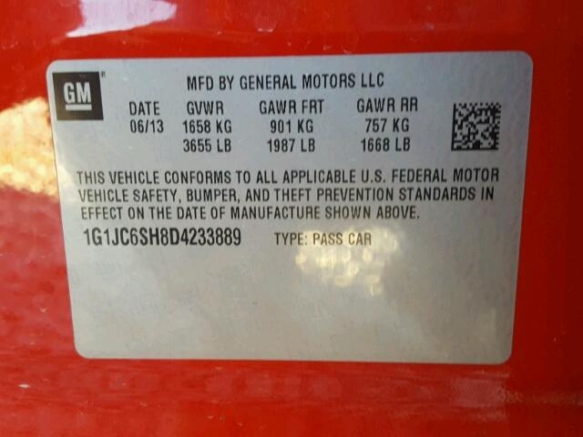 1G1JC6SH8D4233889 - 2013 CHEVROLET SONIC LT 红色 照片 10