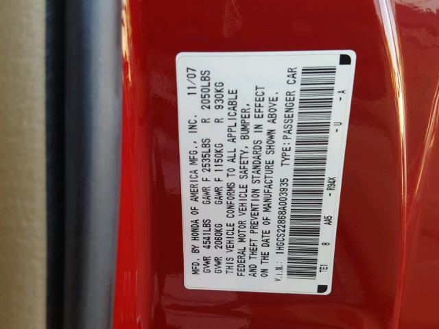 1HGCS22868A003935 - 2008 HONDA ACCORD EXL RED photo 10