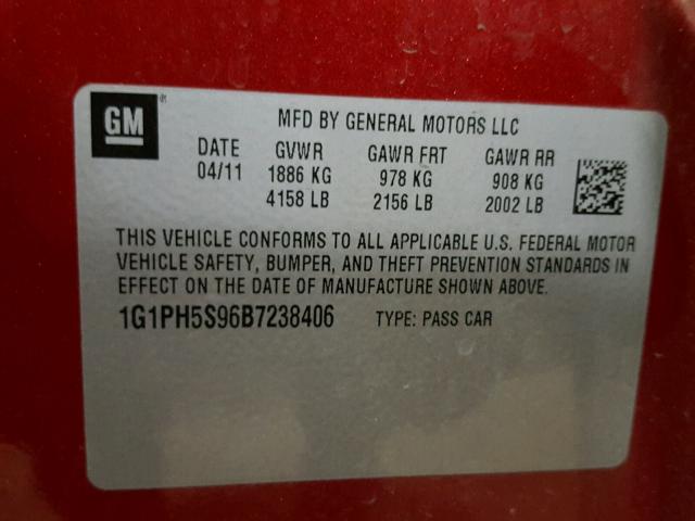 1G1PH5S96B7238406 - 2011 CHEVROLET CRUZE LTZ RED photo 10