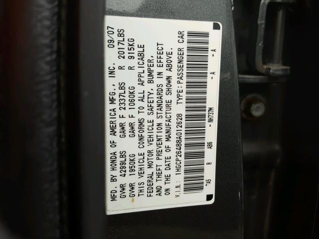 1HGCP26488A012628 - 2008 HONDA ACCORD GRAY photo 10