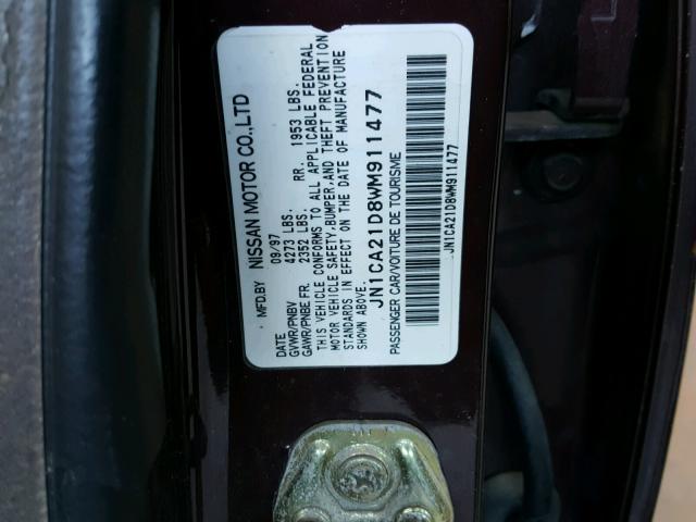 JN1CA21D8WM911477 - 1998 NISSAN MAXIMA GLE MAROON photo 10