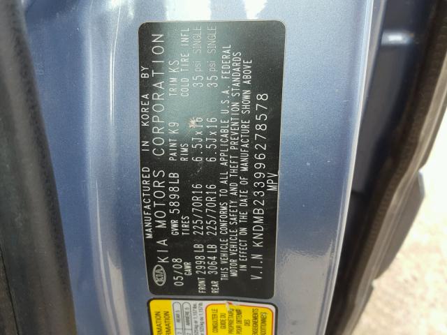 KNDMB233996278578 - 2009 KIA SEDONA EX BLUE photo 10