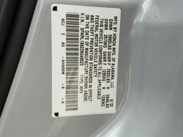 5FNRL18622B048522 - 2002 HONDA ODYSSEY EX SILVER photo 10