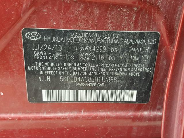 5NPEB4AC8BH112888 - 2011 HYUNDAI SONATA GLS BURGUNDY photo 10