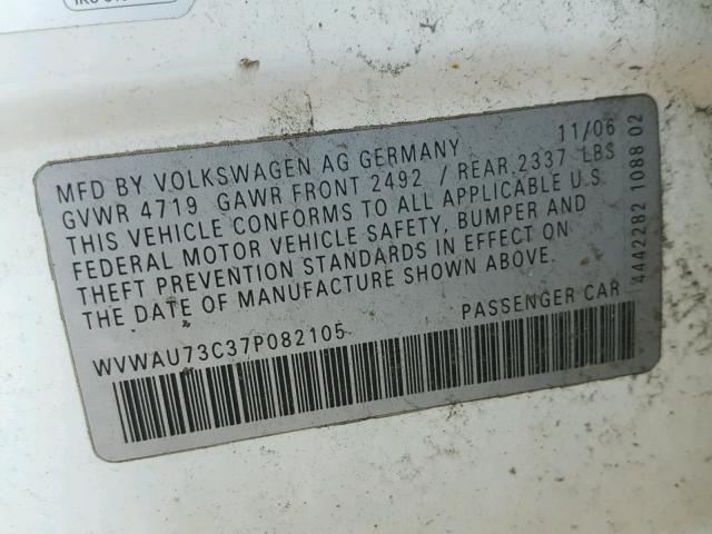 WVWAU73C37P082105 - 2007 VOLKSWAGEN PASSAT 3.6 WHITE photo 10