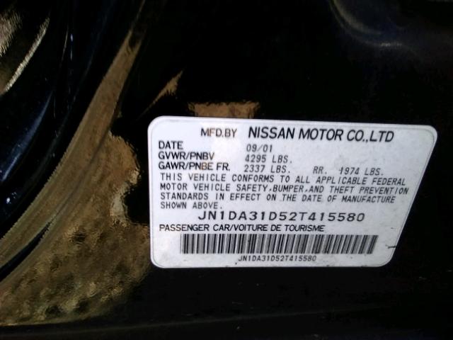 JN1DA31D52T415580 - 2002 NISSAN MAXIMA GLE BLACK photo 10