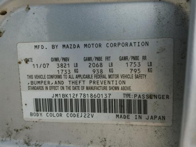 JM1BK12F781860137 - 2008 MAZDA 3 I SILVER photo 10