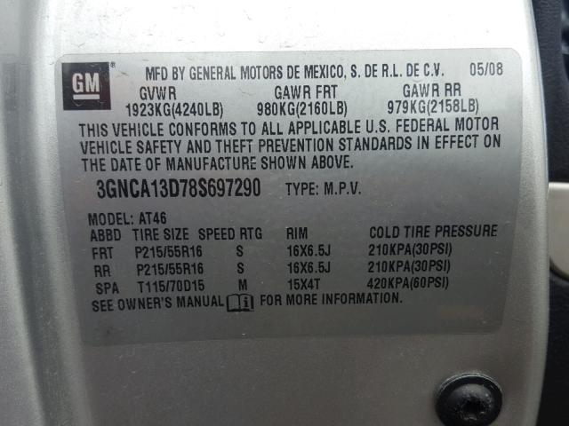 3GNCA13D78S697290 - 2008 CHEVROLET HHR LS ნაცრისფერი ფოტო 10