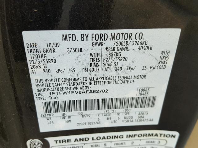 1FTFW1EV8AFA62702 - 2010 FORD F150 SUPER BLACK photo 10