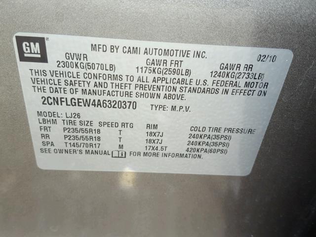 2CNFLGEW4A6320370 - 2010 CHEVROLET EQUINOX LT TAN photo 10