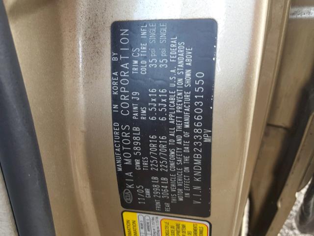 KNDMB233866031550 - 2006 KIA SEDONA EX GOLD photo 10