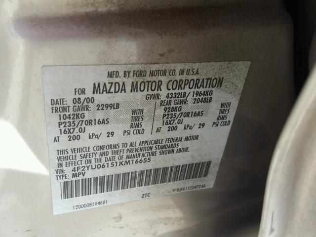 4F2YU06151KM16655 - 2001 MAZDA TRIBUTE DX 金色 照片 10