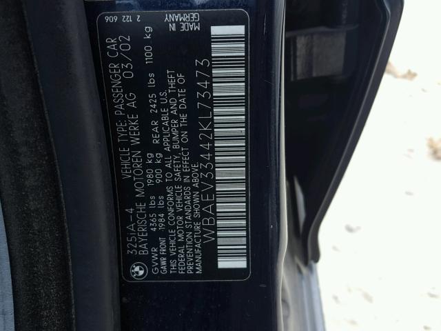 WBAEV33442KL73473 - 2002 BMW 325 I BLUE photo 10