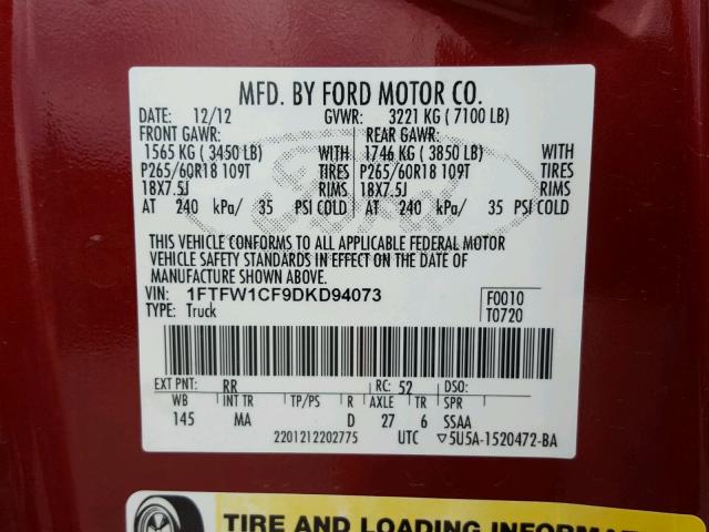 1FTFW1CF9DKD94073 - 2013 FORD F150 SUPER MAROON photo 10