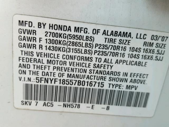 5FNYF18557B016715 - 2007 HONDA PILOT EXL WHITE photo 10