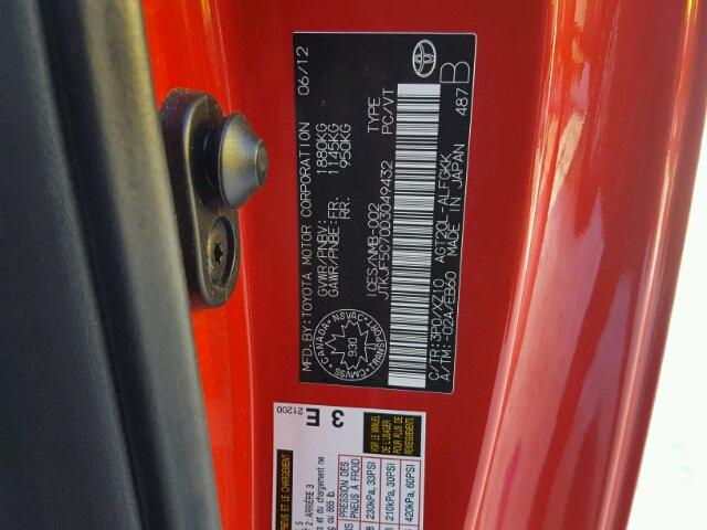 JTKJF5C70D3049432 - 2013 TOYOTA SCION TC 红色 照片 10