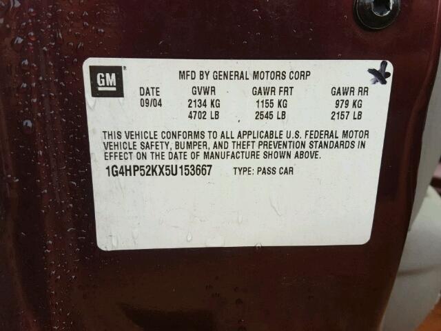 1G4HP52KX5U153667 - 2005 BUICK LESABRE CU BURGUNDY photo 10