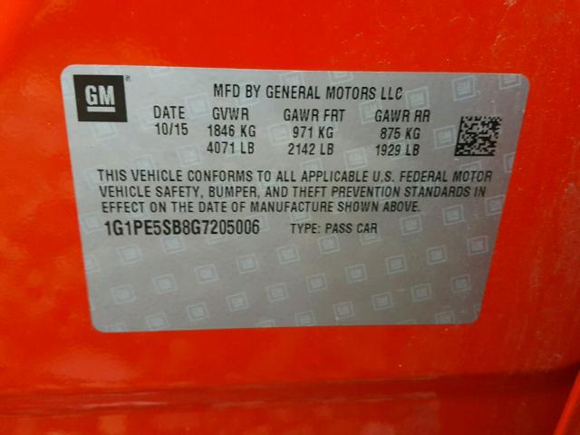 1G1PE5SB8G7205006 - 2016 CHEVROLET CRUZE LIMI RED photo 10