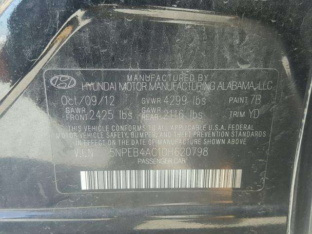 5NPEB4AC1DH620798 - 2013 HYUNDAI SONATA GLS BLACK photo 10