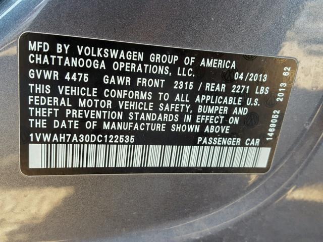 1VWAH7A30DC122535 - 2013 VOLKSWAGEN PASSAT S GRAY photo 10