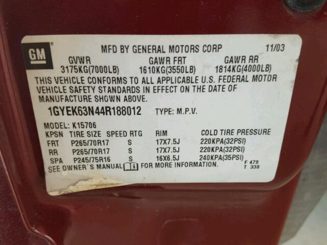 1GYEK63N44R188012 - 2004 CADILLAC ESCALADE L RED photo 10