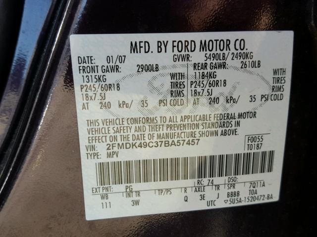 2FMDK49C37BA57457 - 2007 FORD EDGE SEL P PURPLE photo 10