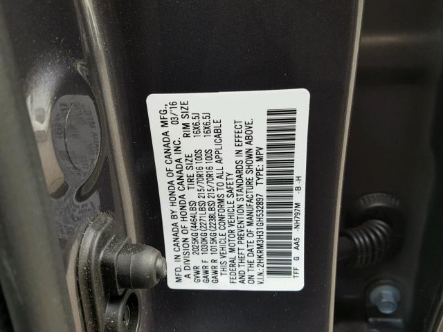 2HKRM3H31GH532897 - 2016 HONDA CR-V LX CHARCOAL photo 10