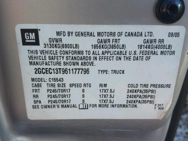 2GCEC13T961177796 - 2006 CHEVROLET SILVERADO SILVER photo 10