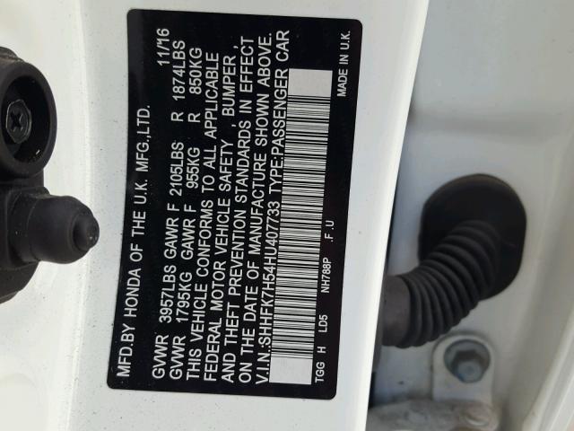 SHHFK7H54HU407733 - 2017 HONDA CIVIC EX თეთრი ფოტო 10