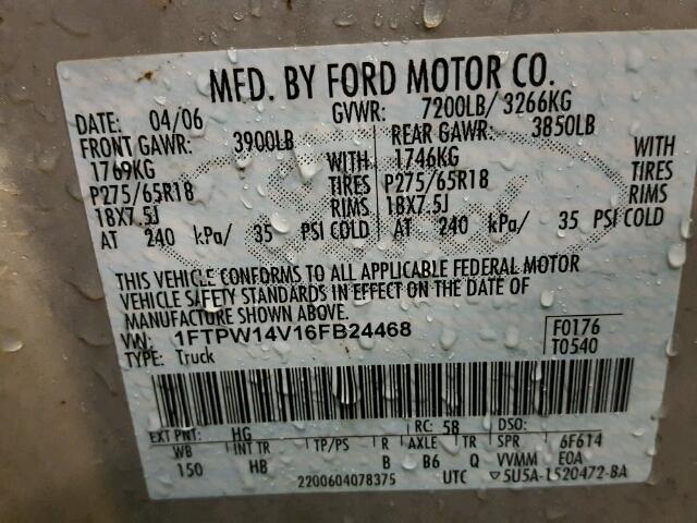 1FTPW14V16FB24468 - 2006 FORD F150 SILVER photo 10