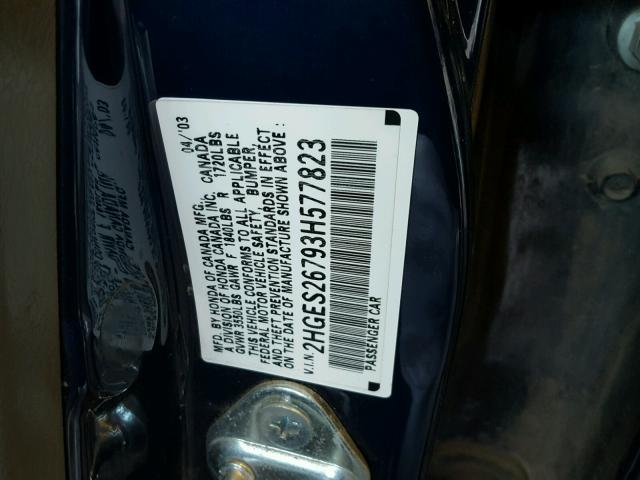 2HGES26793H577823 - 2003 HONDA CIVIC EX BLUE photo 10