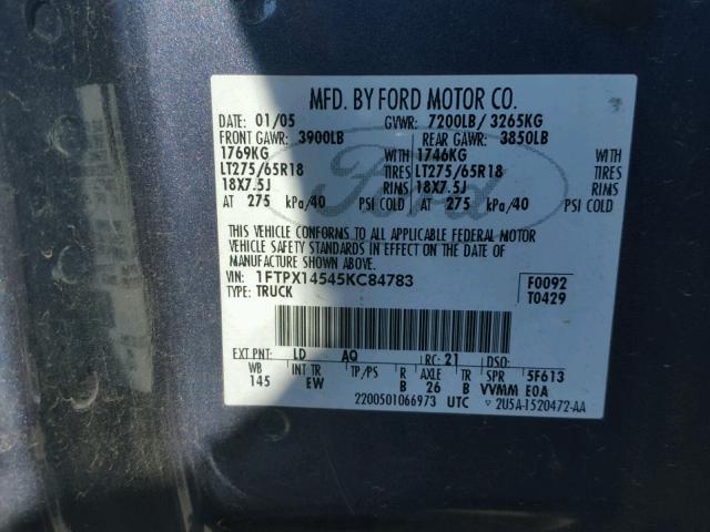 1FTPX14545KC84783 - 2005 FORD F150 BLUE photo 10