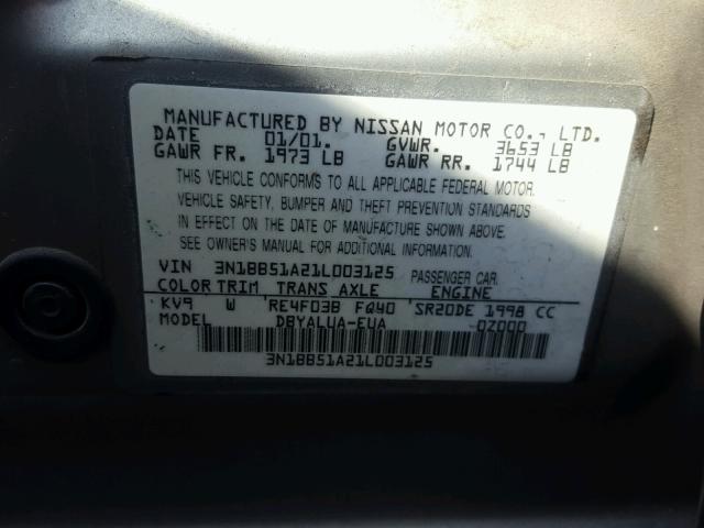 3N1BB51A21L003125 - 2001 NISSAN SENTRA SE SILVER photo 10