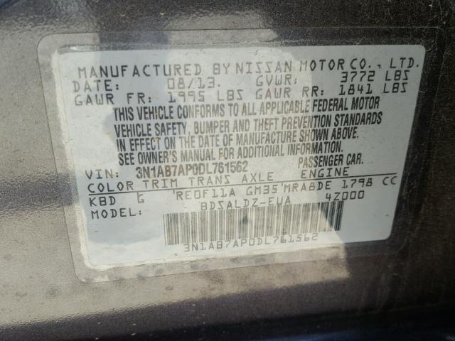 3N1AB7AP0DL761562 - 2013 NISSAN SENTRA S CHARCOAL photo 10