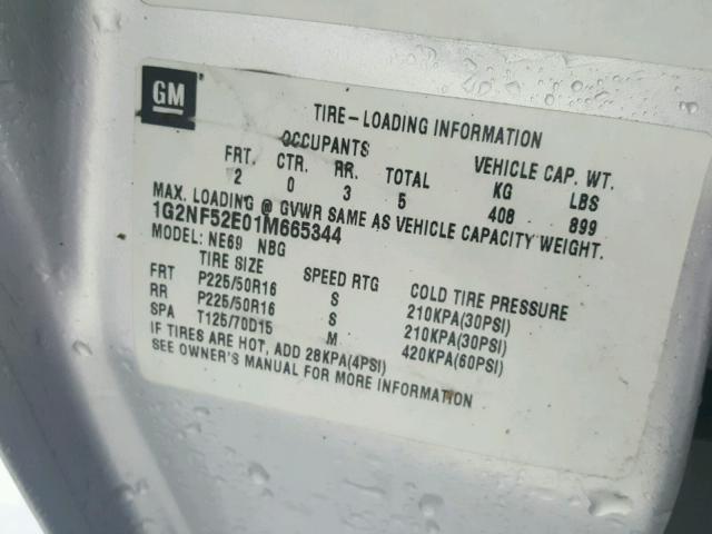 1G2NF52E01M665344 - 2001 PONTIAC GRAND AM S SILVER photo 10