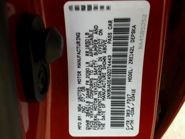 1NXBU40E49Z074443 - 2009 TOYOTA COROLLA BA RED photo 10
