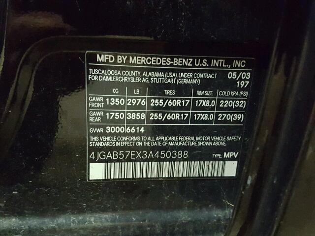 4JGAB57EX3A450388 - 2003 MERCEDES-BENZ ML 350 BLACK photo 10