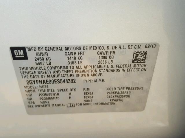 3GYFNAE39ES544382 - 2014 CADILLAC SRX SILVER photo 10