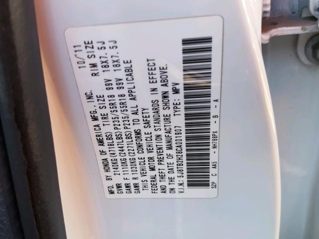 5J8TB2H28CA001907 - 2012 ACURA RDX WHITE photo 10