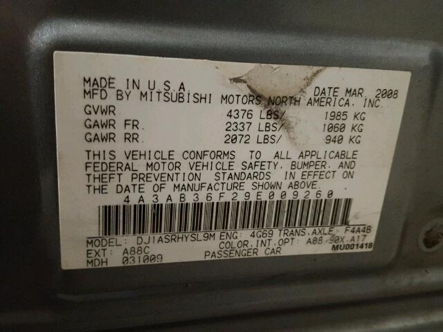 4A3AB36F29E009260 - 2009 MITSUBISHI GALANT ES GRAY photo 10