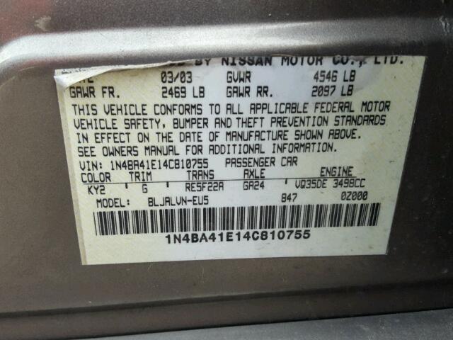 1N4BA41E14C810755 - 2004 NISSAN MAXIMA SE GRAY photo 10