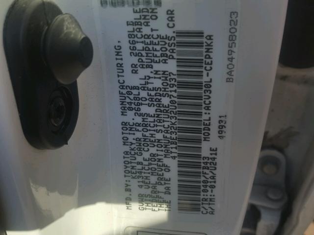 4T1BE32K32U071937 - 2002 TOYOTA CAMRY LE 白色 照片 10