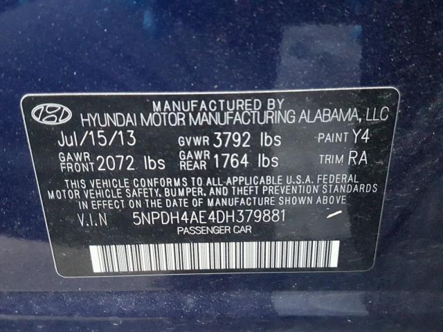 5NPDH4AE4DH379881 - 2013 HYUNDAI ELANTRA GL BLUE photo 10