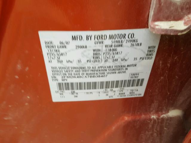 2FMDK49CX7BB38407 - 2007 FORD EDGE SEL P ORANGE photo 10