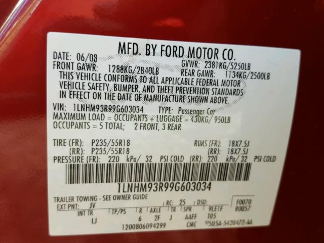 1LNHM93R99G603034 - 2009 LINCOLN MKS RED photo 10