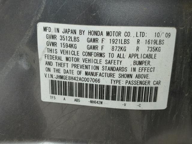 JHMGE8H42AC007066 - 2010 HONDA FIT SPORT GRAY photo 10