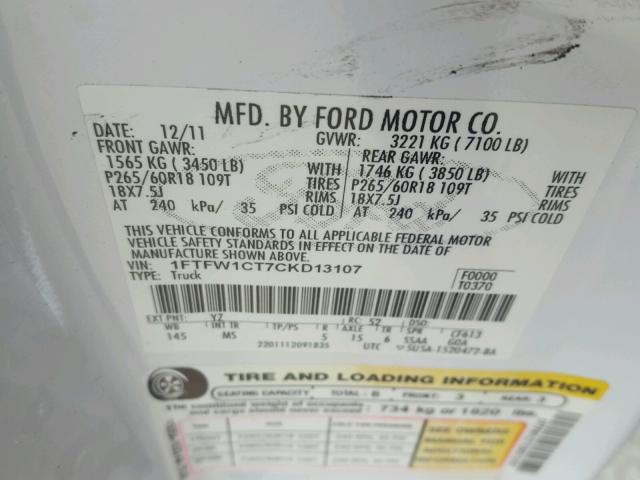1FTFW1CT7CKD13107 - 2012 FORD F150 SUPER WHITE photo 10